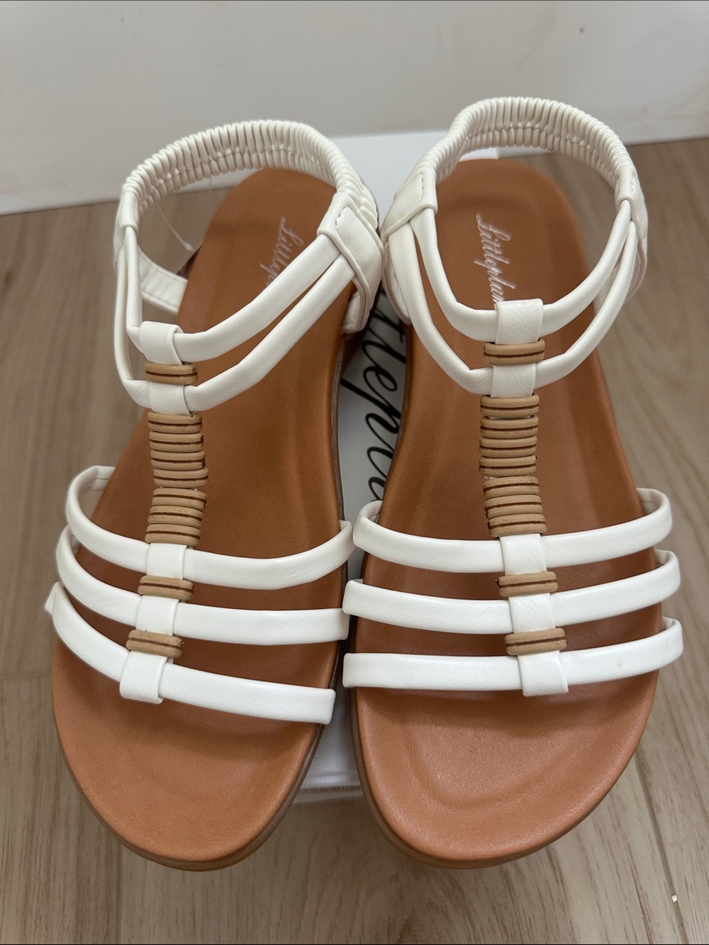 Madden Girl White Strappy T-Style Sandals with Tan Footbed